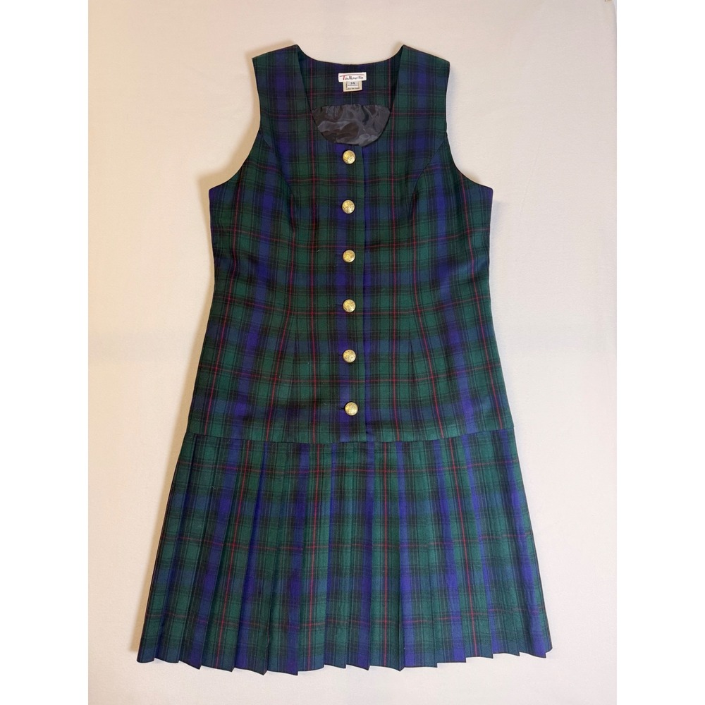 Vintage Talbots Black Watch Plaid Wool Dress 14 Green Blue Tartan Pleated Hem